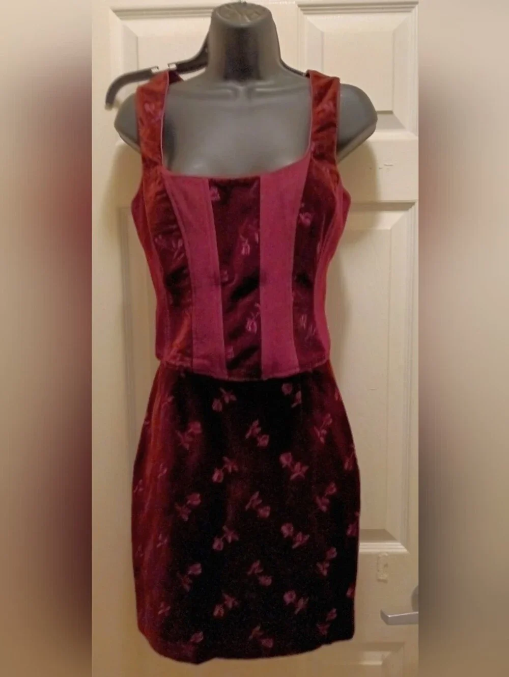 Vintage Tina Hagen Two-Piece Plum Velvet Floral Corset Top & Skirt Set